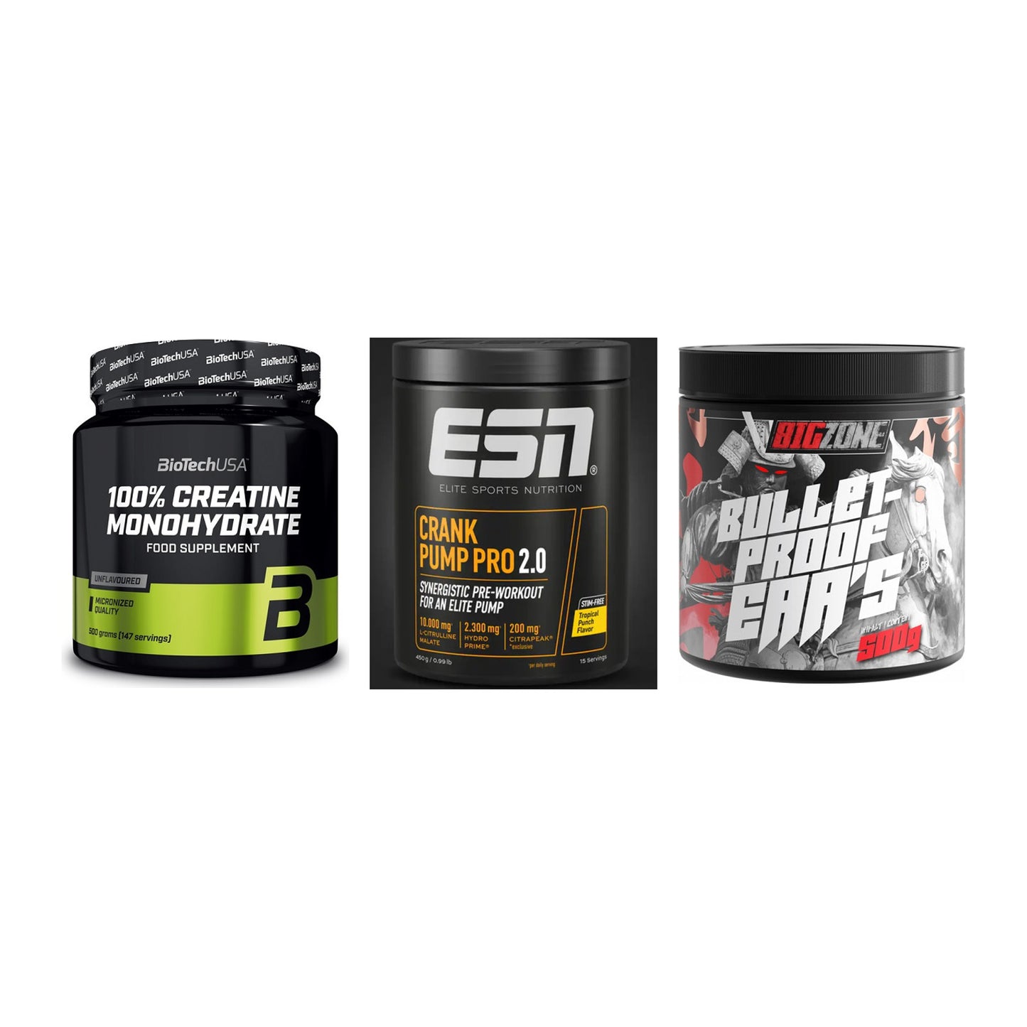 Kraft-Stack: BioTech Creatine + ESN Crank Pump + Big Zone Bulletpr – alle enthaltenen Artikel
