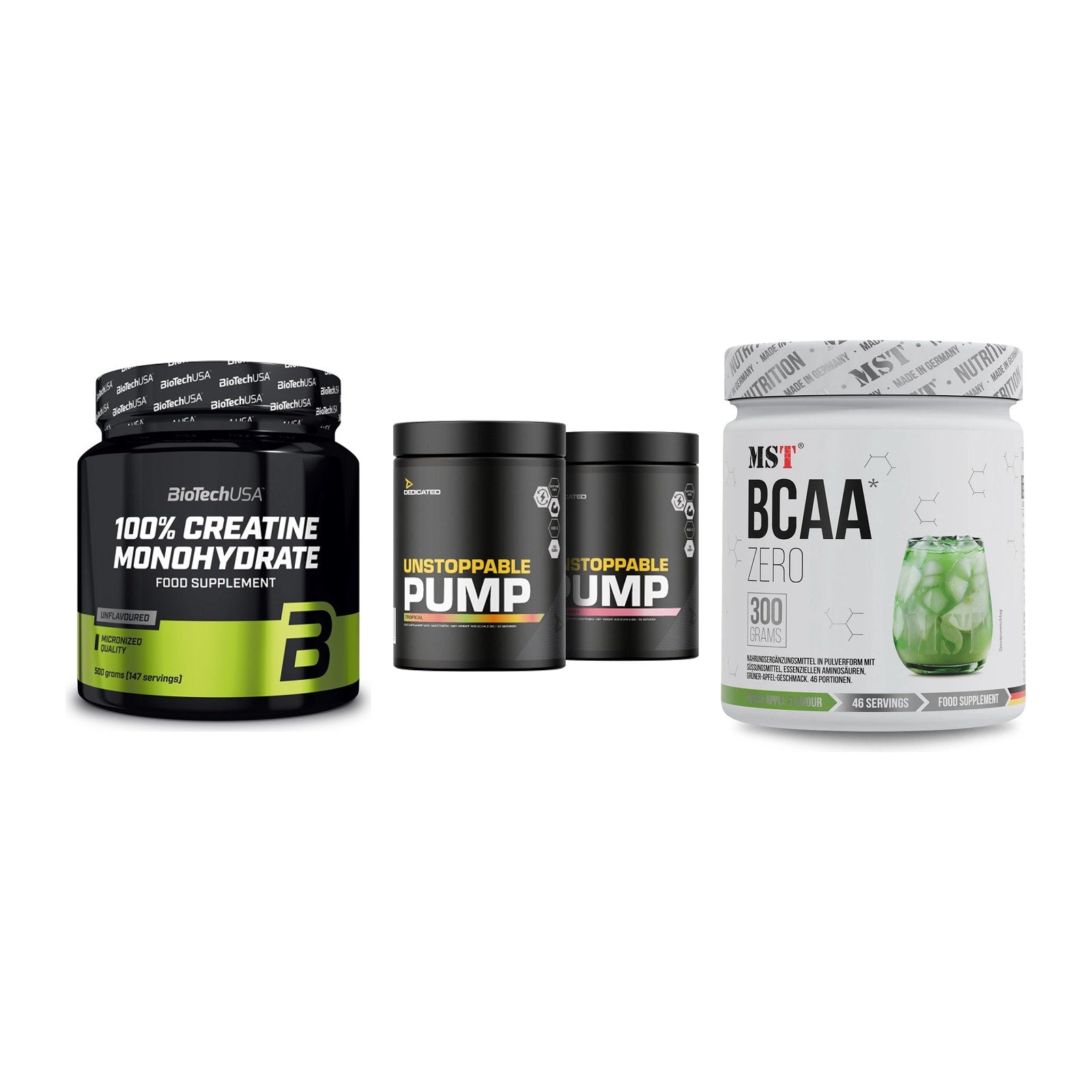 Kraft-Stack: BioTech Creatine + Dedicated + MST BCAA Zero – alle enthaltenen Artikel