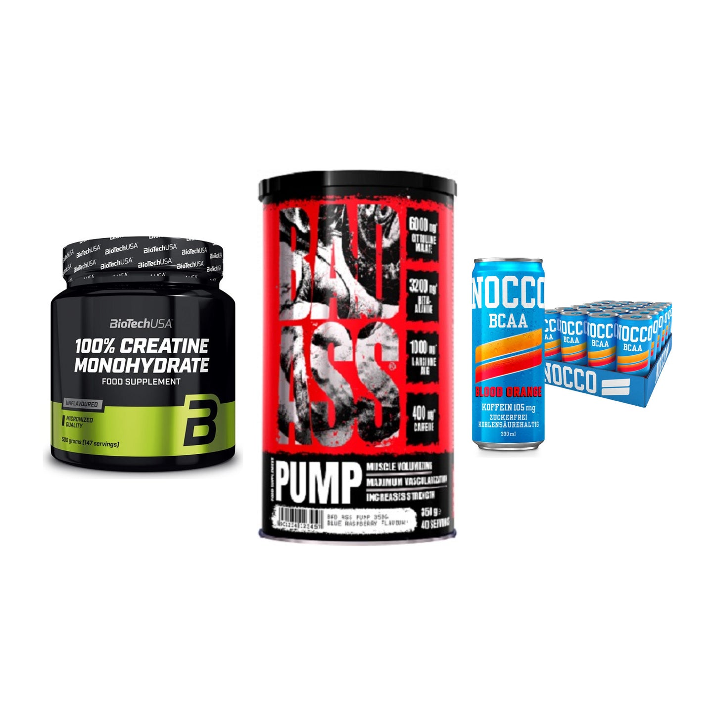 Kraft-Stack: BioTech Creatine + BAD ASS Pump + Nocco BCAA Drink – alle enthaltenen Artikel