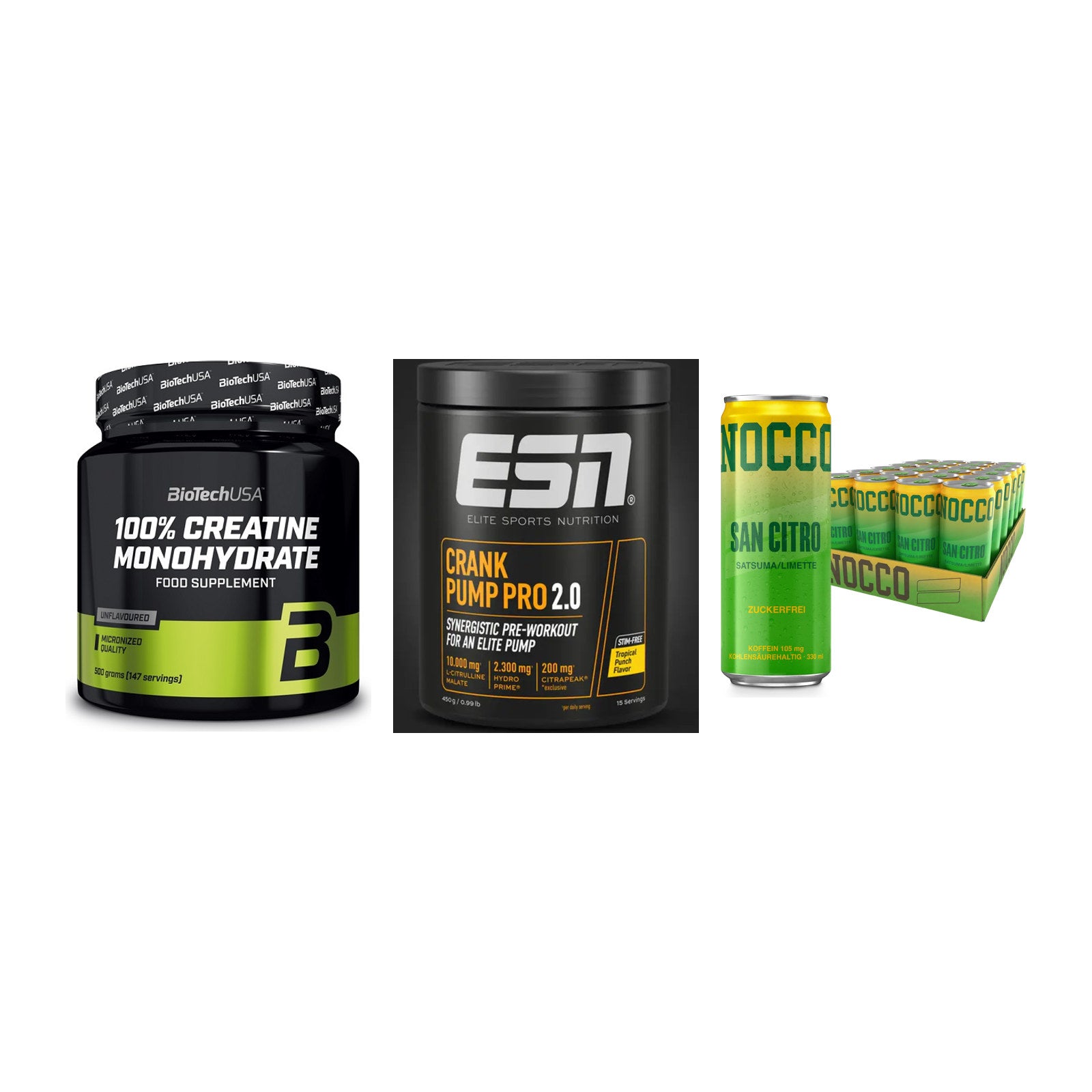 Kraft-Stack: BioTech Creatine + ESN Crank Pump + Nocco BCAA Drink – alle enthaltenen Artikel