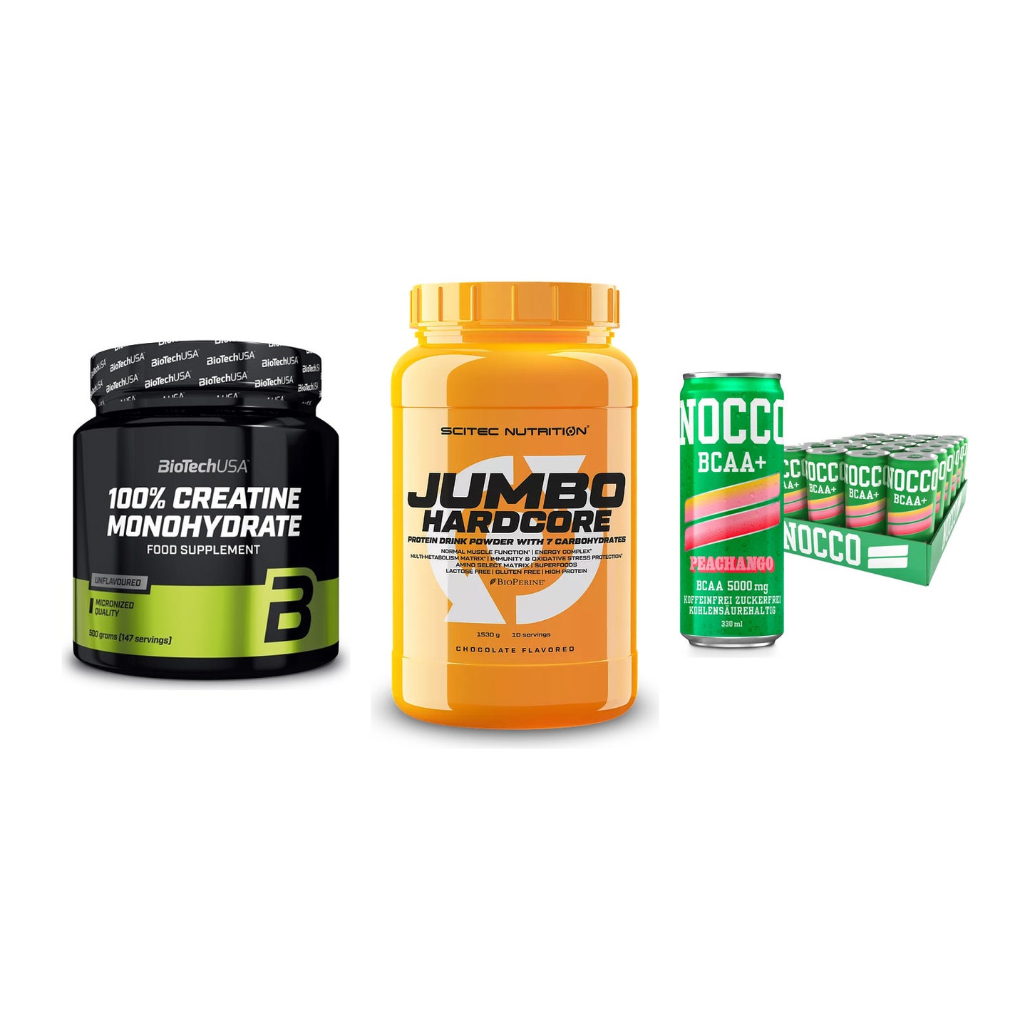 Kraft-Stack: BioTech Creatine + Scitec Jumbo + Nocco BCAA Drink – alle enthaltenen Artikel