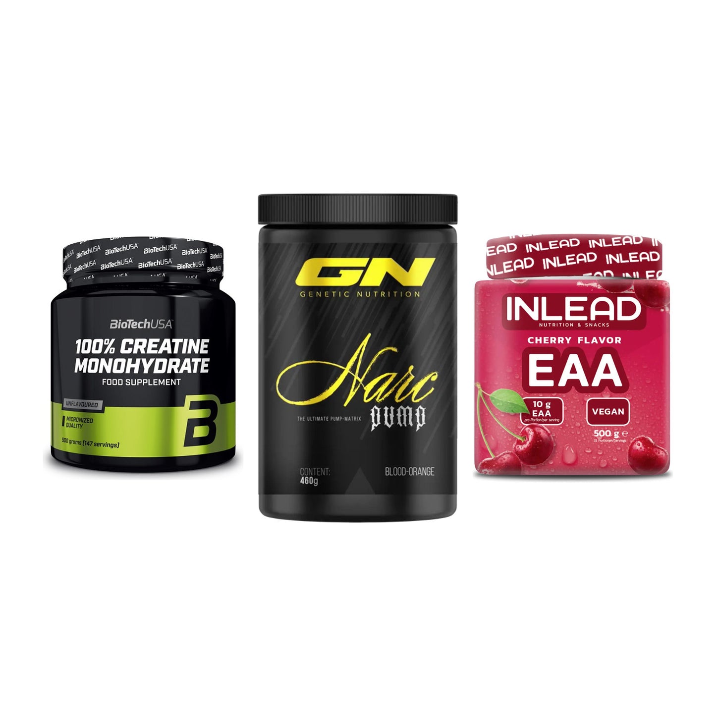 Kraft-Stack: BioTech Creatine Monohydrate + GN Narc Pump + INLEAD EAA – alle enthaltenen Artikel