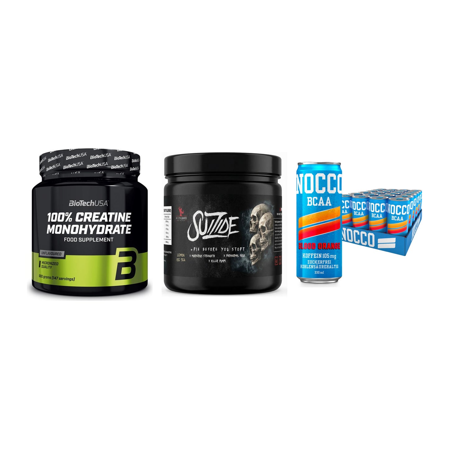 Kraft-Stack: BioTech Creatine + #GYMJUICE SUIZIDE + Nocco BCAA Drink – alle enthaltenen Artikel