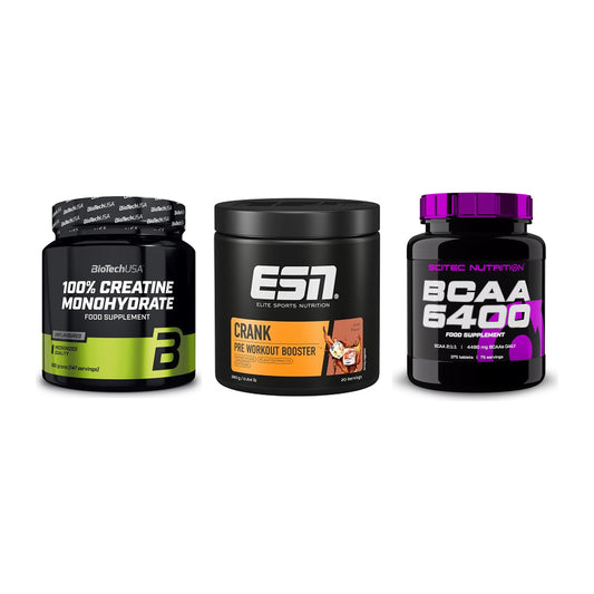 Kraft-Stack: BioTech Creatine + ESN Crank Booster + Scitec BCAA 6400 – alle enthaltenen Artikel