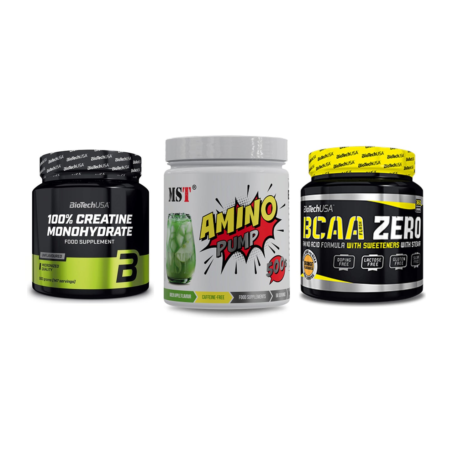 Kraft-Stack: BioTech Creatine + MST Amino Pump + BioTech BCAA Zero – alle enthaltenen Artikel