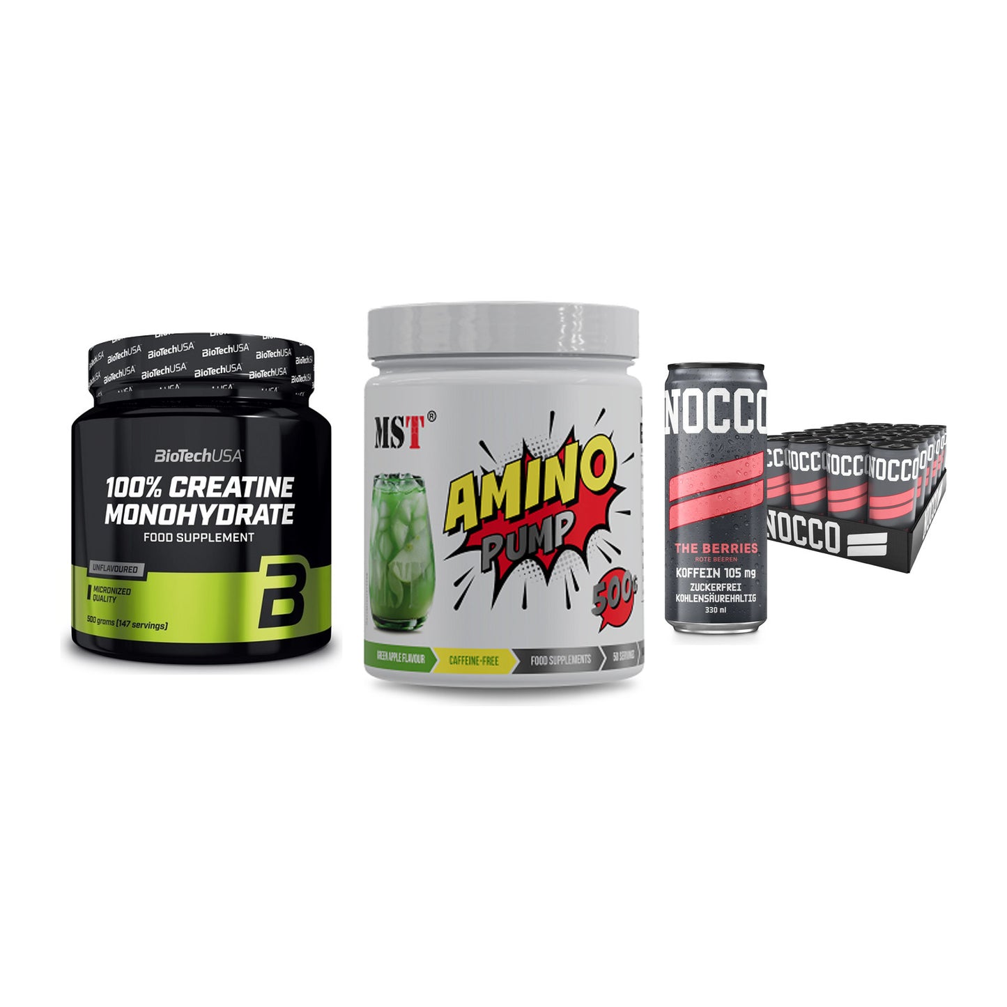 Kraft-Stack: BioTech Creatine + MST Amino Pump + Nocco BCAA Drink – alle enthaltenen Artikel