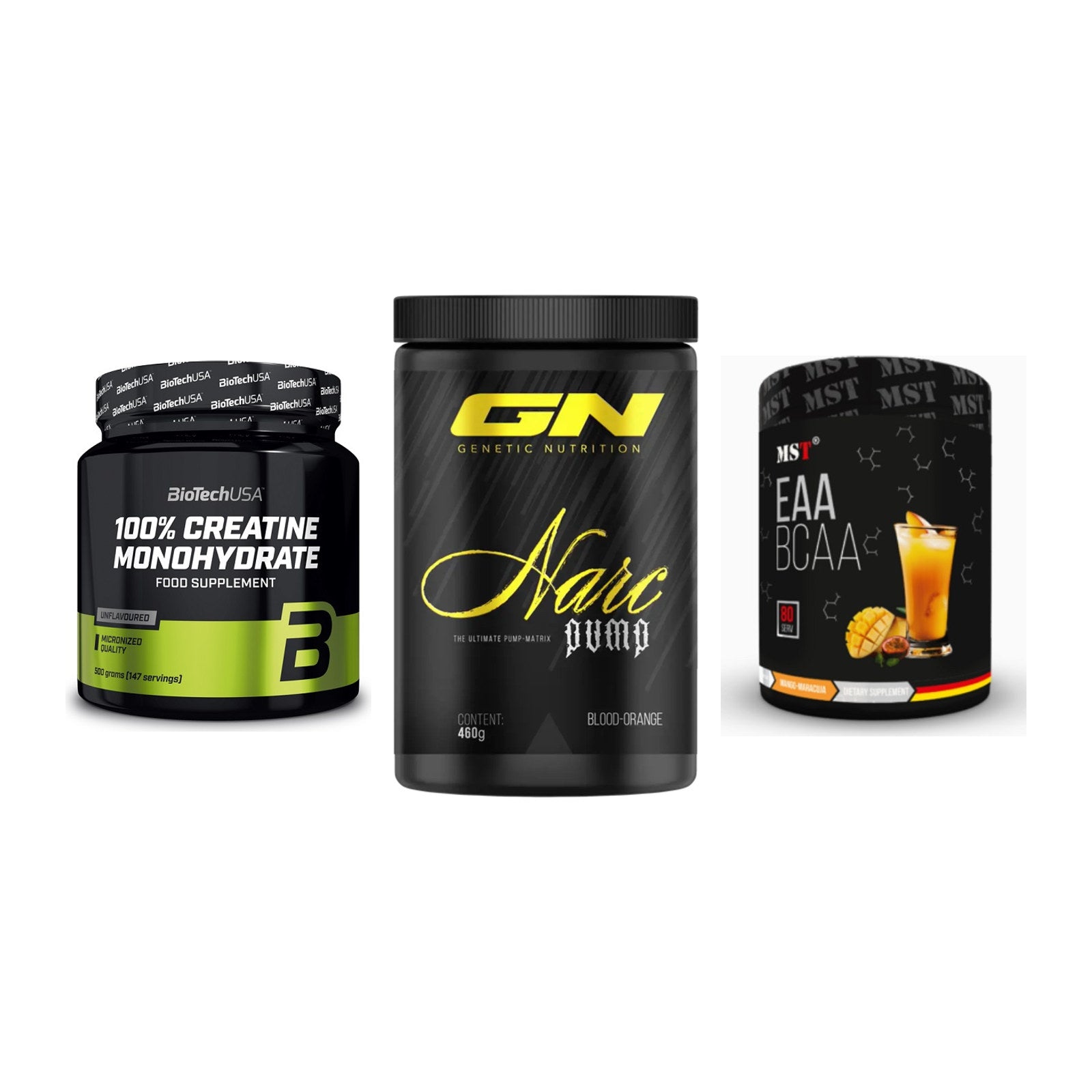 Kraft-Stack: BioTech Creatine + GN Narc Pump + MST EAA & BCAA – alle enthaltenen Artikel