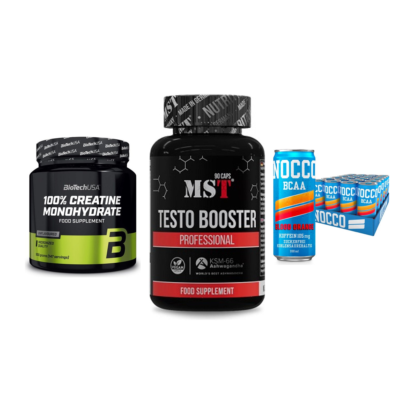 Kraft-Stack: BioTech Creatine + MST Testo Booster + Nocco BCAA Drink – alle enthaltenen Artikel