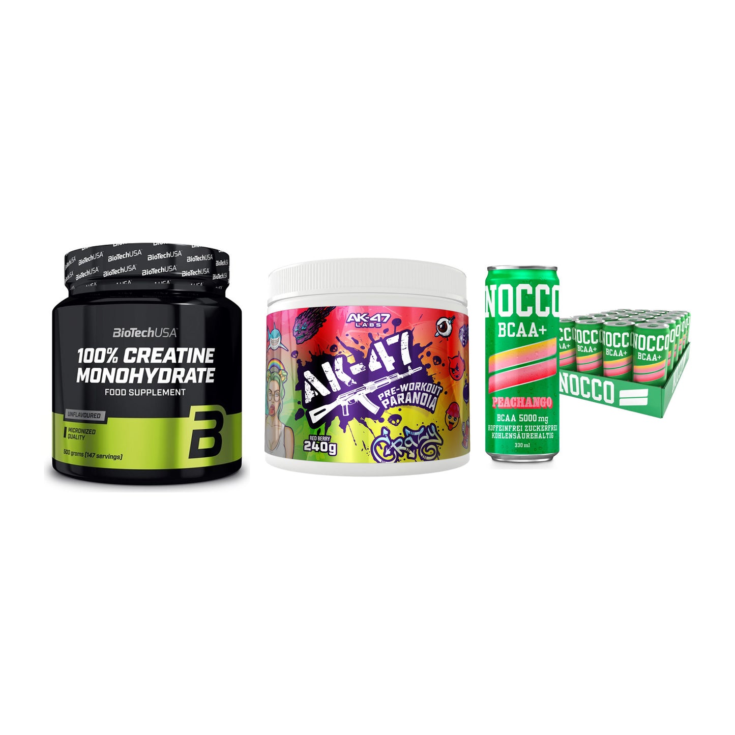 Kraft-Stack: BioTech Creatine + AK47 Labs + Nocco BCAA Drink – alle enthaltenen Artikel