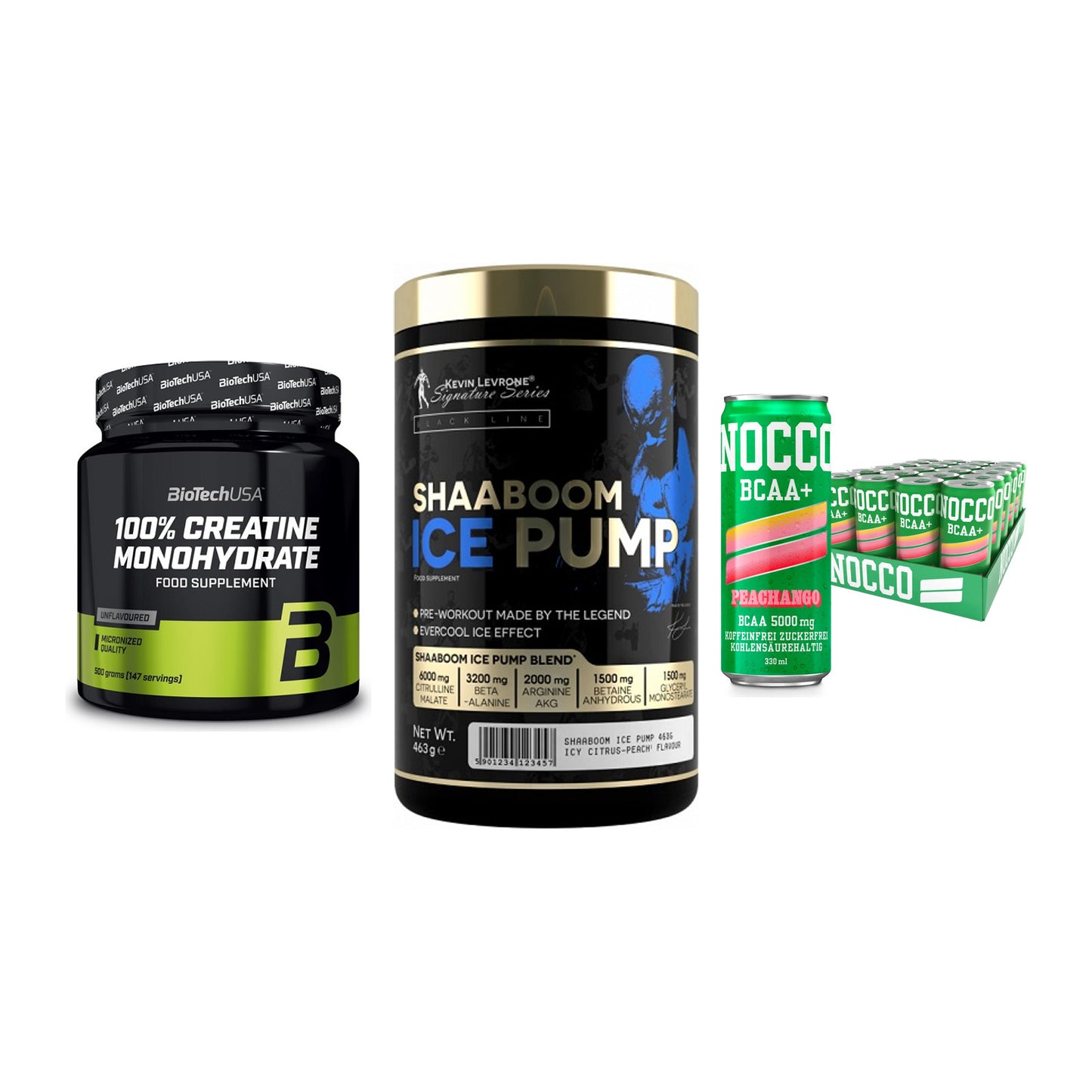 Kraft-Stack: BioTech Creatine + Kevin Levrone + Nocco BCAA Drink – alle enthaltenen Artikel