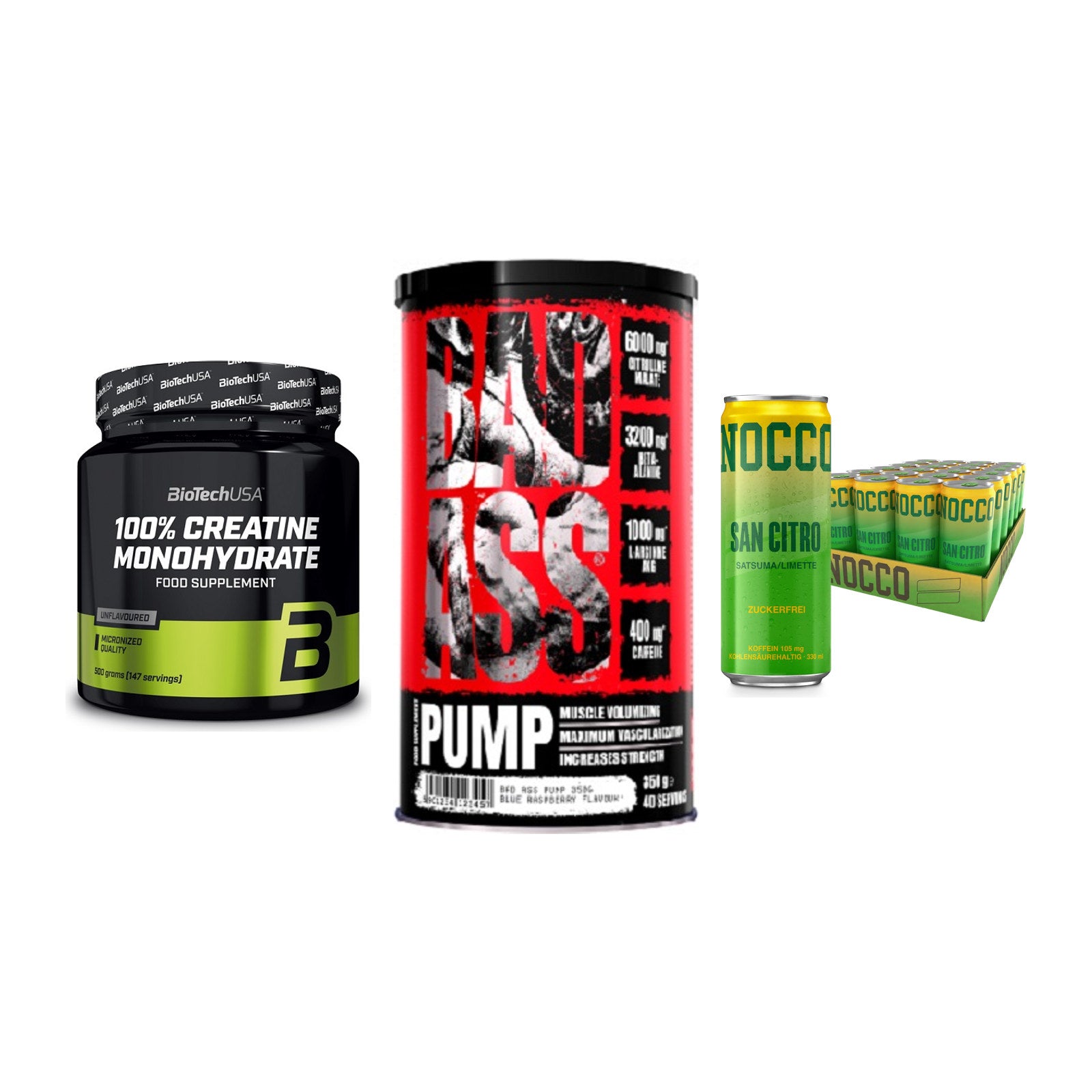 Kraft-Stack: BioTech Creatine + BAD ASS Pump + Nocco BCAA Drink – alle enthaltenen Artikel