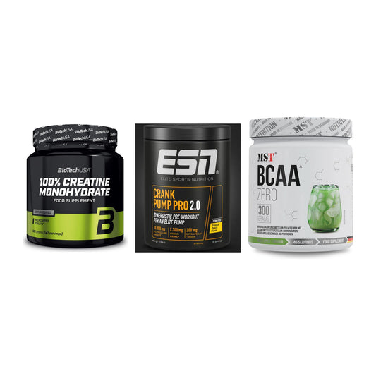 Kraft-Stack: BioTech Creatine + ESN Crank Pump + MST BCAA Zero – alle enthaltenen Artikel