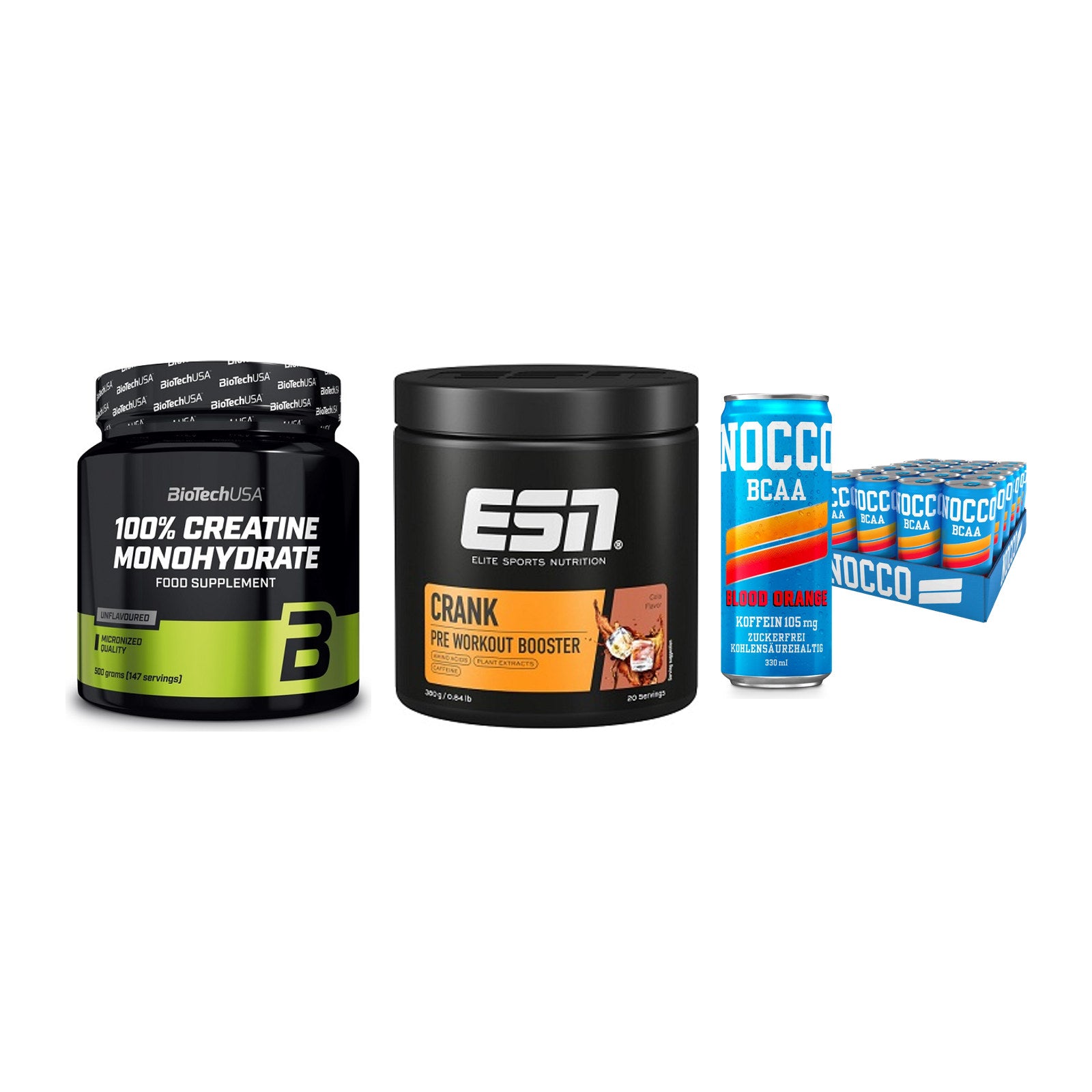 Kraft-Stack: BioTech Creatine + ESN Crank Booster + Nocco BCAA Drink – alle enthaltenen Artikel