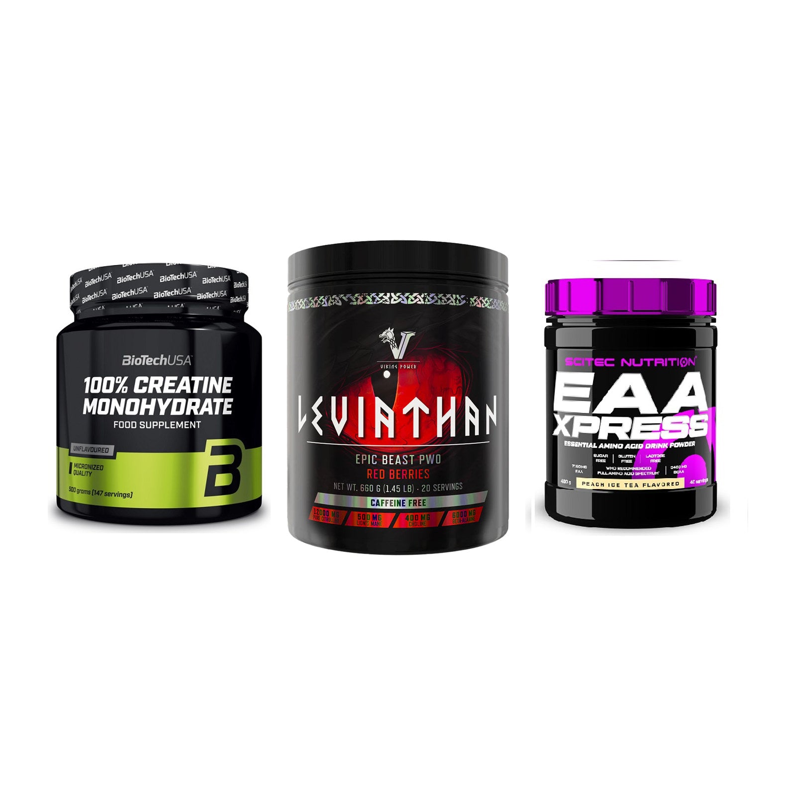 Kraft-Stack: BioTech Creatine + Viking Power + Scitec EAA Xpress – alle enthaltenen Artikel
