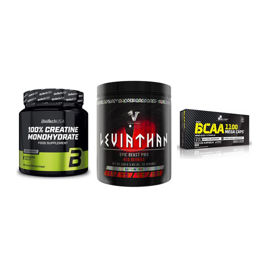 Kraft-Stack: BioTech Creatine + Viking Power + Olimp BCAA Mega – alle enthaltenen Artikel