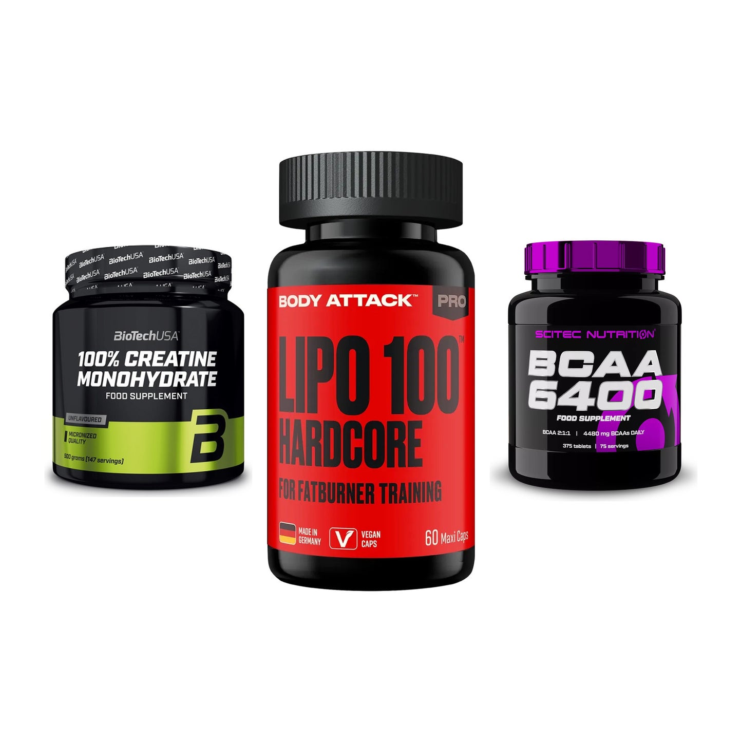 Kraft-Stack: BioTech Creatine + Body Attack LIPO + Scitec BCAA 6400 – alle enthaltenen Artikel