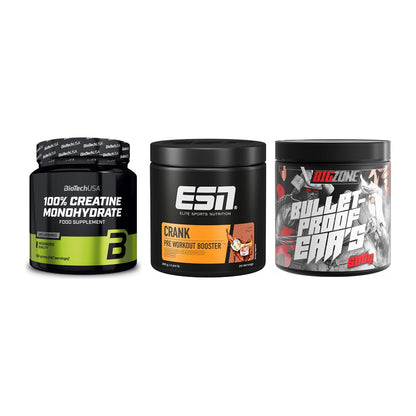 Kraft-Stack: BioTech Creatine + ESN Crank Booster + Big Zone Bulletpr – alle enthaltenen Artikel