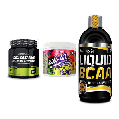 Kraft-Stack: BioTech Creatine + AK47 Labs + BioTech Liquid – alle enthaltenen Artikel