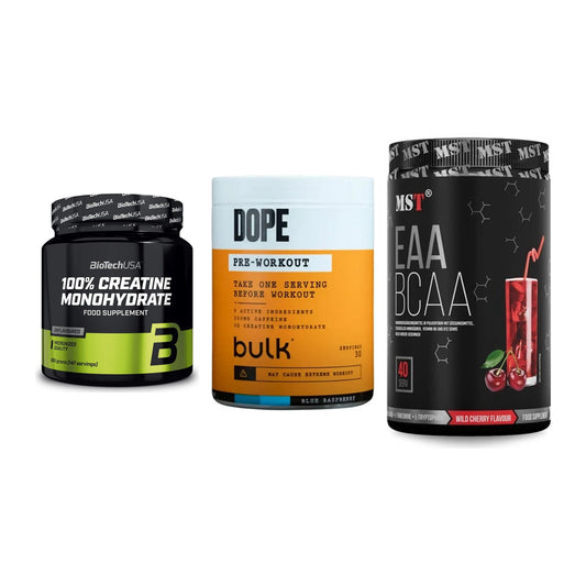 Kraft-Stack: BioTech Creatine + Bulk Dope + MST EAA & BCAA – alle enthaltenen Artikel