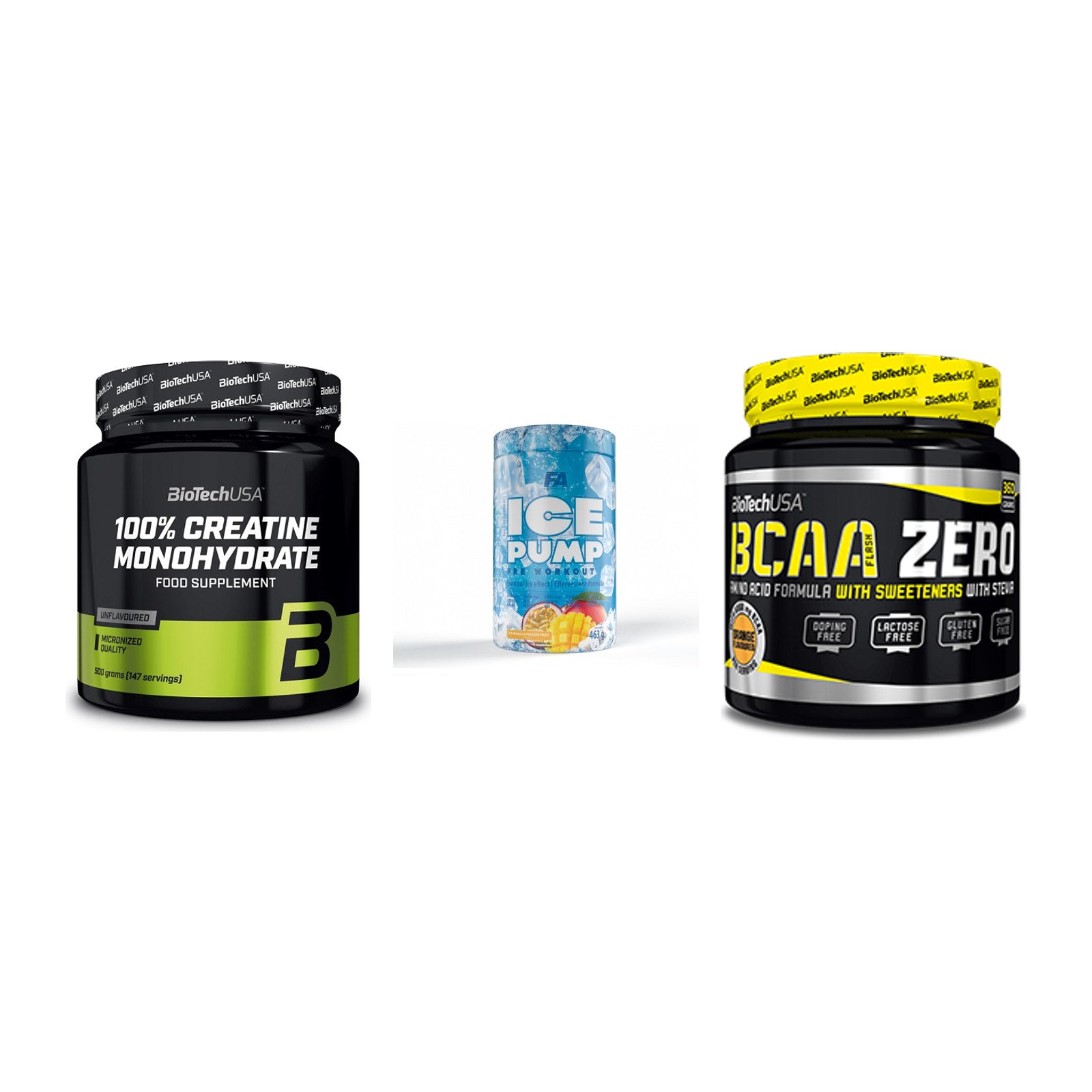 Kraft-Stack: BioTech Creatine + FA Nutrition ICE + BioTech BCAA Zero – alle enthaltenen Artikel