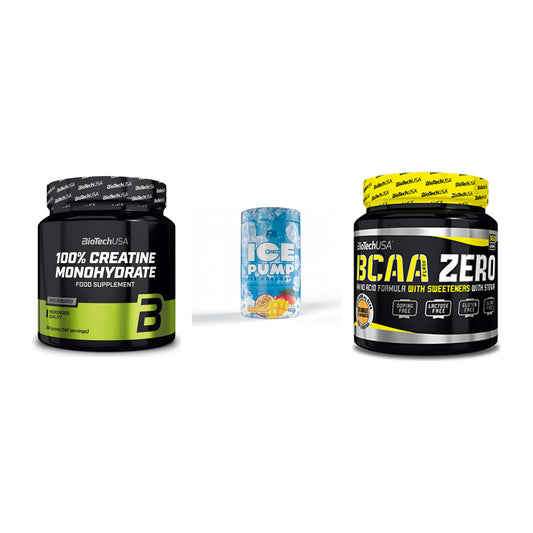 Kraft-Stack: BioTech Creatine + FA Nutrition ICE + BioTech BCAA Zero – alle enthaltenen Artikel