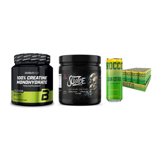 Kraft-Stack: BioTech Creatine + #GYMJUICE SUIZIDE + Nocco BCAA Drink – alle enthaltenen Artikel