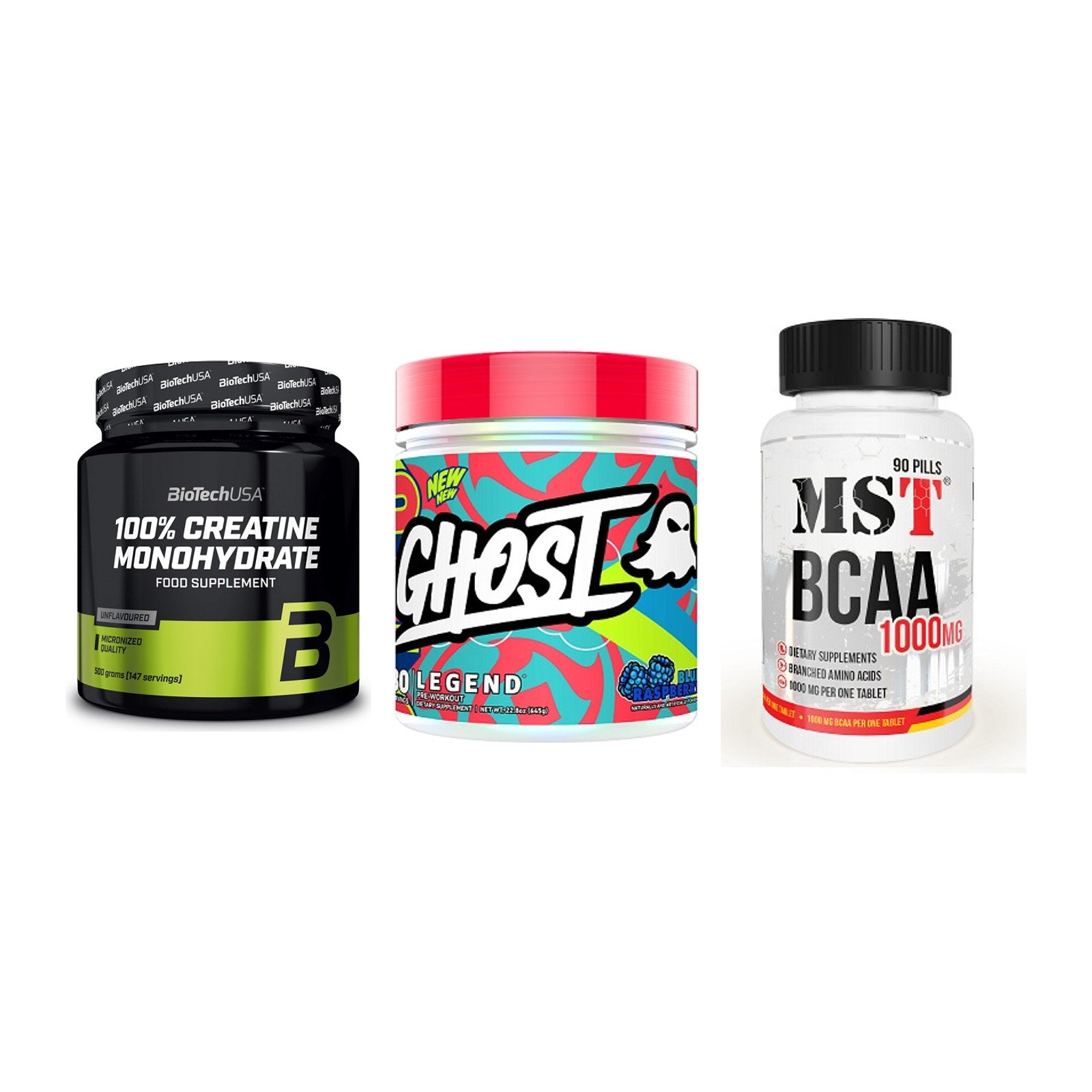 Kraft-Stack: BioTech Creatine + Ghost Legend V4 + MST BCAA 1000 (90 – alle enthaltenen Artikel