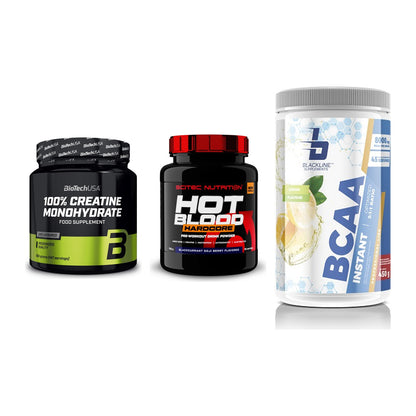 Kraft-Stack: BioTech Creatine + Scitec Hot Blood + Blackline – alle enthaltenen Artikel