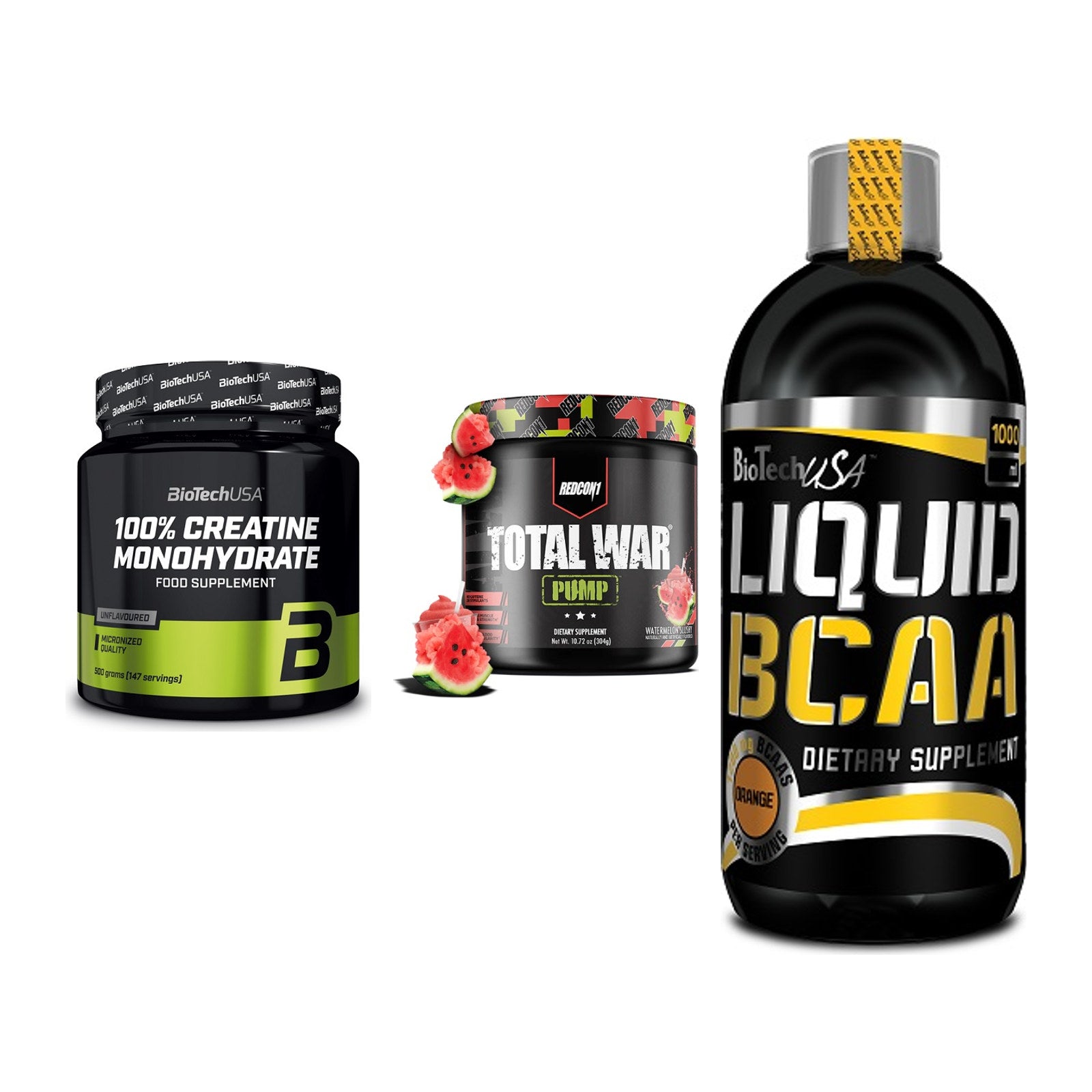 Kraft-Stack: BioTech Creatine + Redcon1 Total War + BioTech Liquid – alle enthaltenen Artikel
