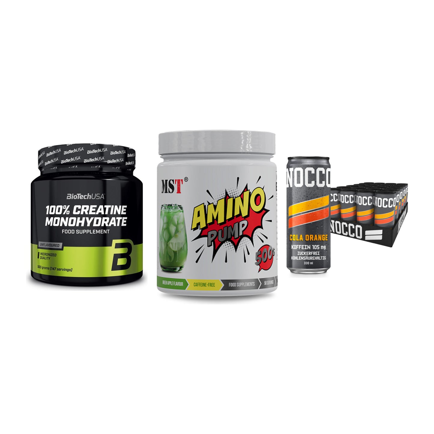 Kraft-Stack: BioTech Creatine + MST Amino Pump + Nocco BCAA Drink – alle enthaltenen Artikel