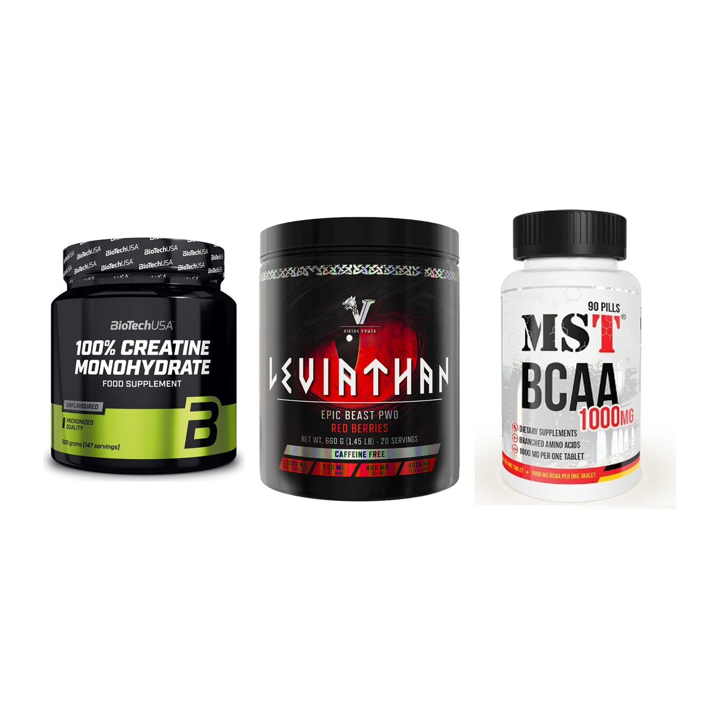 Kraft-Stack: BioTech Creatine + Viking Power + MST BCAA 1000 (90 – alle enthaltenen Artikel