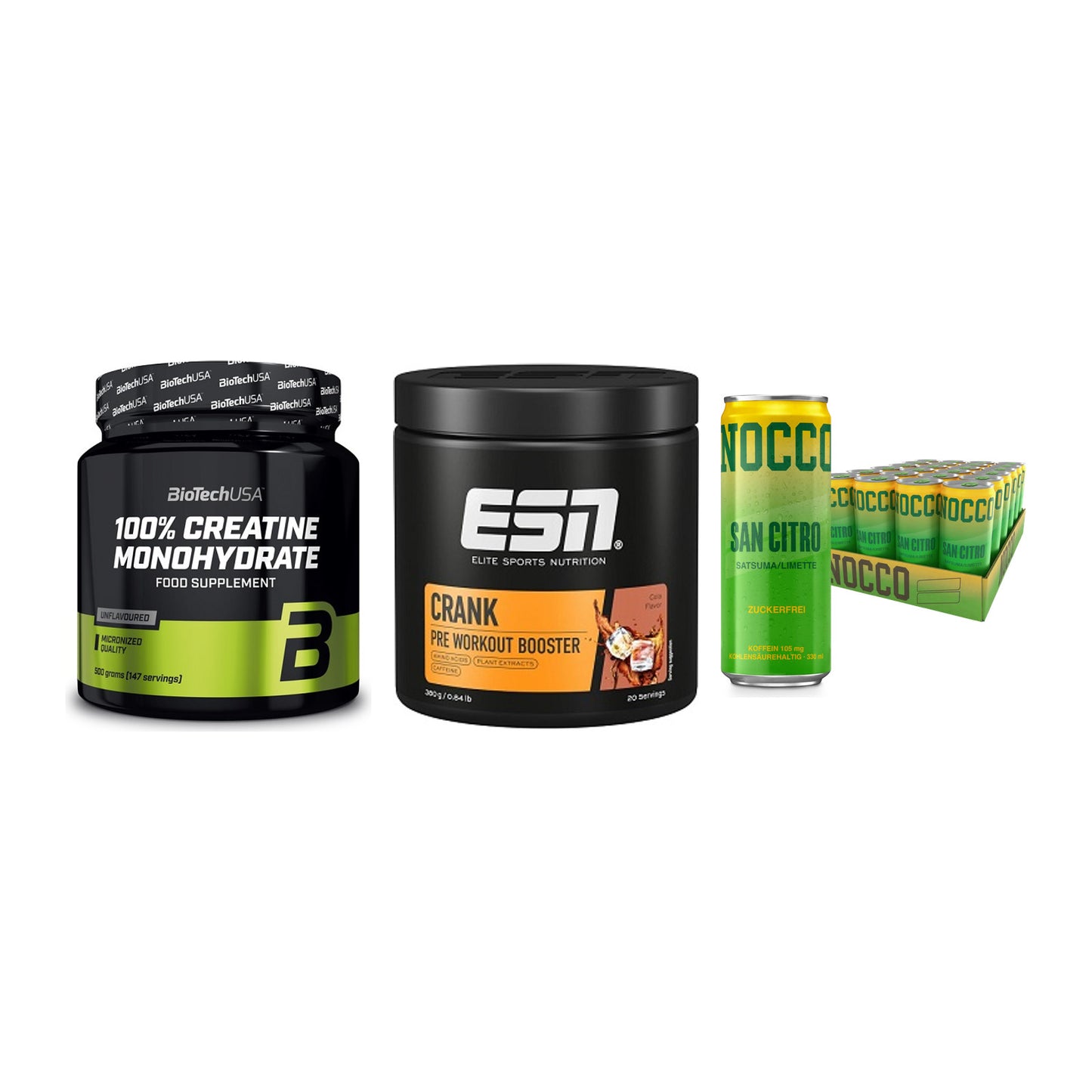 Kraft-Stack: BioTech Creatine + ESN Crank Booster + Nocco BCAA Drink – alle enthaltenen Artikel