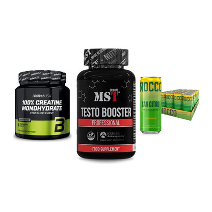 Kraft-Stack: BioTech Creatine + MST Testo Booster + Nocco BCAA Drink – alle enthaltenen Artikel