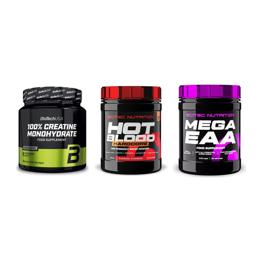 Kraft-Stack: BioTech Creatine + Scitec Hot Blood + Scitec Mega EAA – alle enthaltenen Artikel
