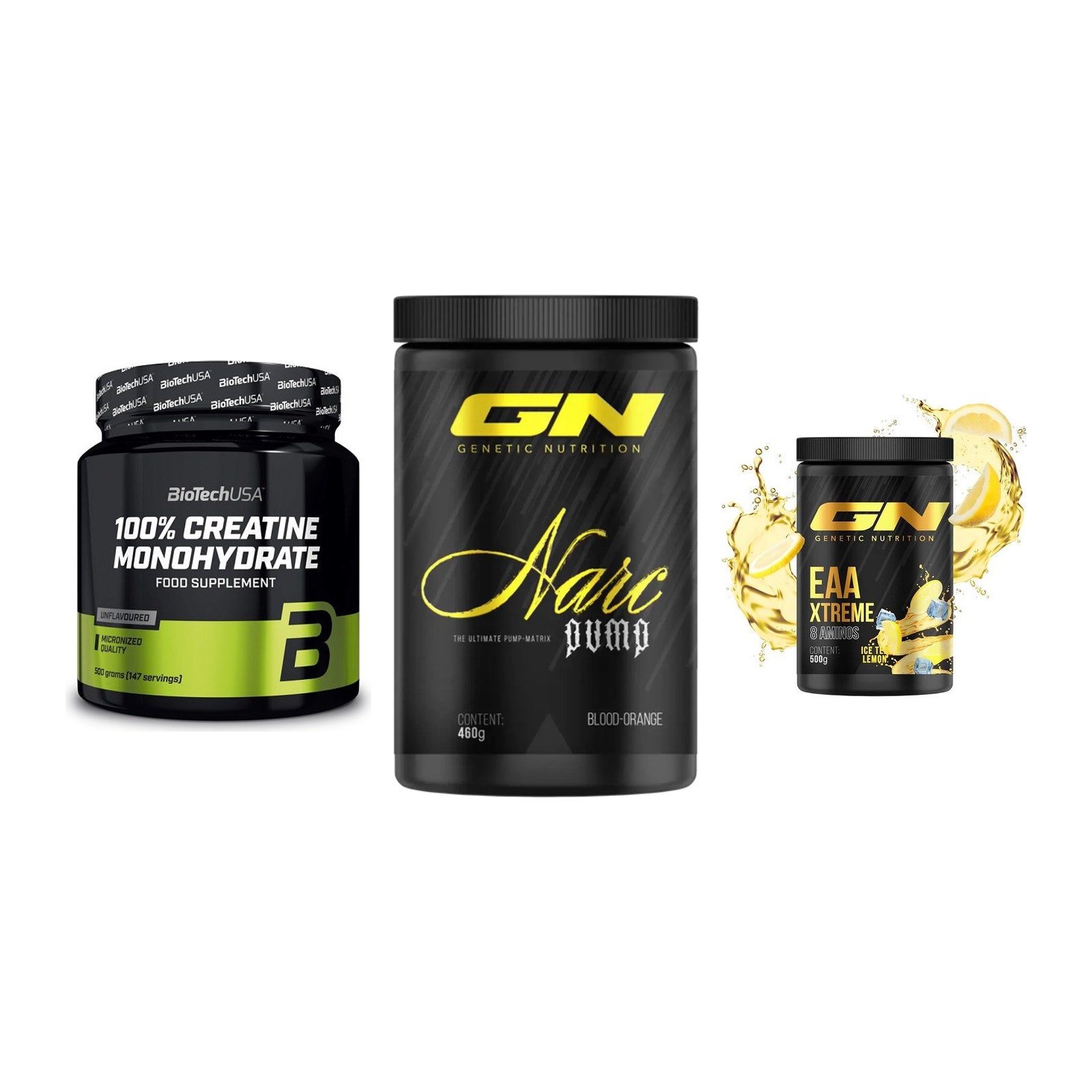 Kraft-Stack: BioTech Creatine + GN Narc Pump 460g + GN EAA Xtreme – alle enthaltenen Artikel