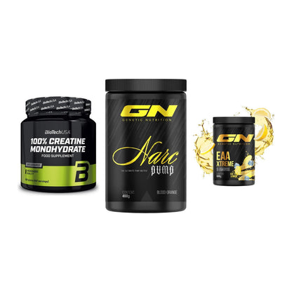 Kraft-Stack: BioTech Creatine + GN Narc Pump 460g + GN EAA Xtreme – alle enthaltenen Artikel