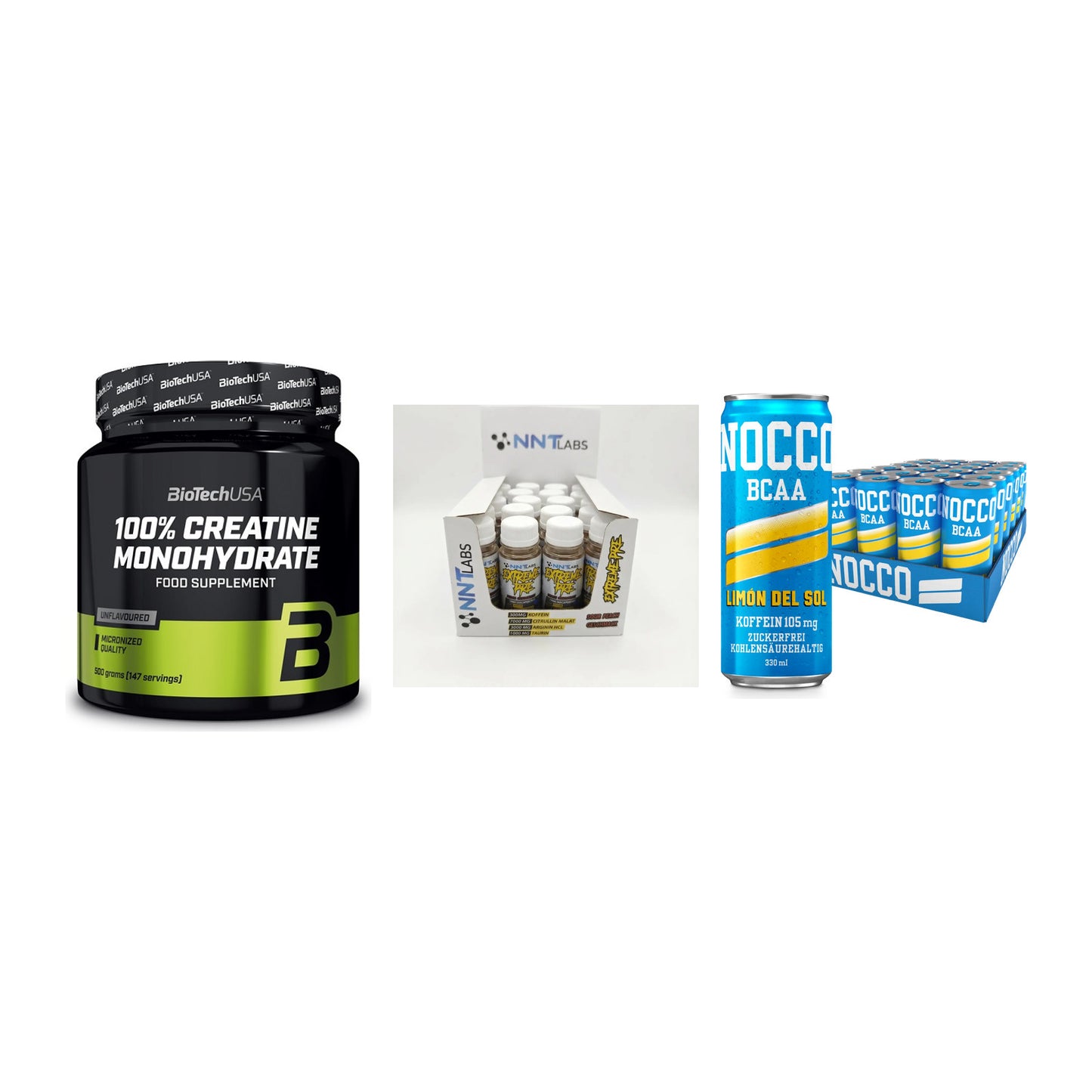 Kraft-Stack: BioTech Creatine + NNT Extreme + Nocco BCAA Drink – alle enthaltenen Artikel