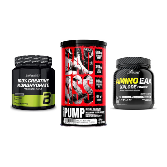 Kraft-Stack: BioTech Creatine + BAD ASS Pump + Olimp Amino EAA – alle enthaltenen Artikel