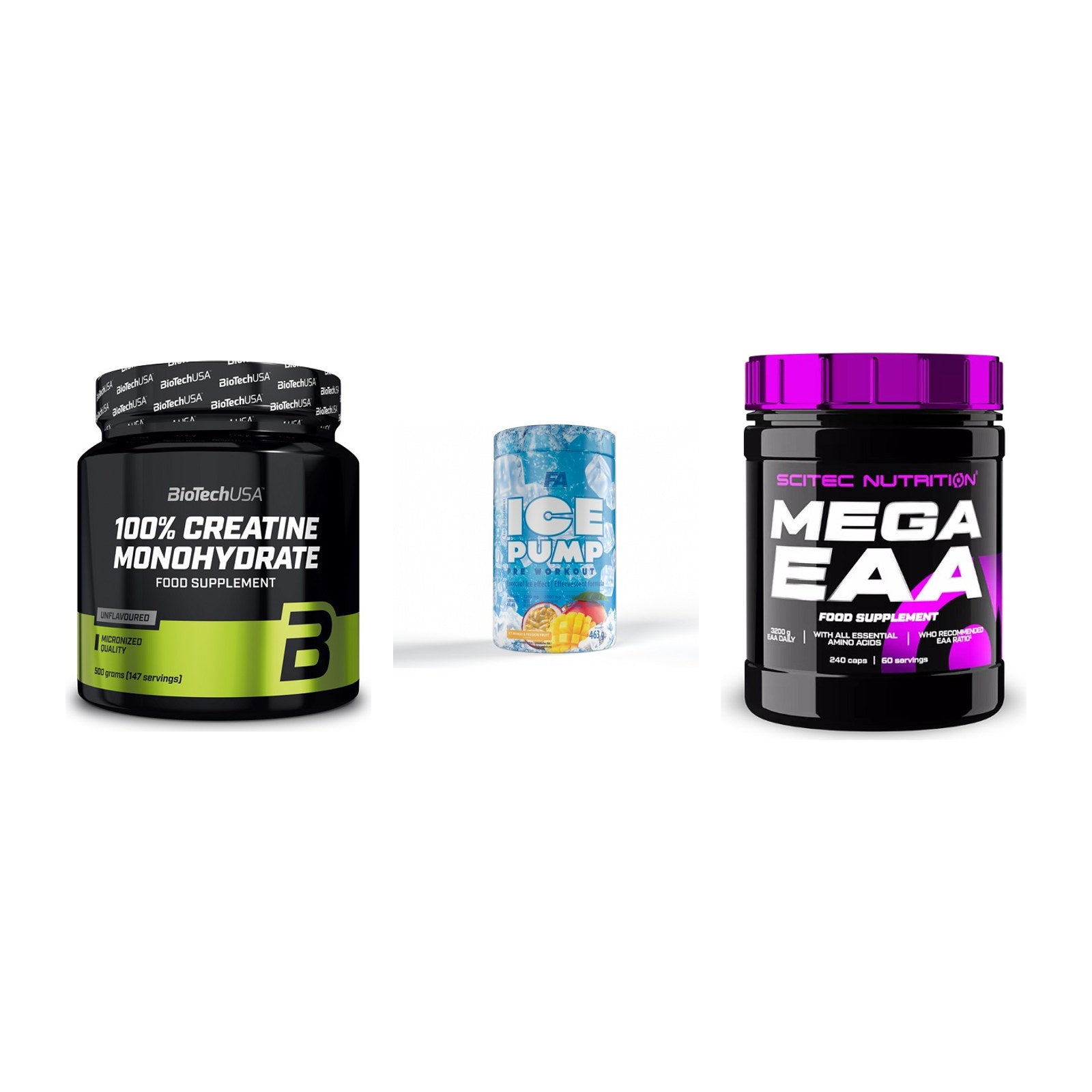 Kraft-Stack: BioTech Creatine + FA Nutrition ICE + Scitec Mega EAA – alle enthaltenen Artikel