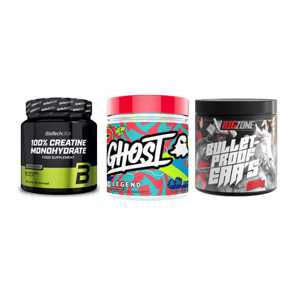 Kraft-Stack: BioTech Creatine + Ghost Legend V4 + Big Zone Bulletpr – alle enthaltenen Artikel