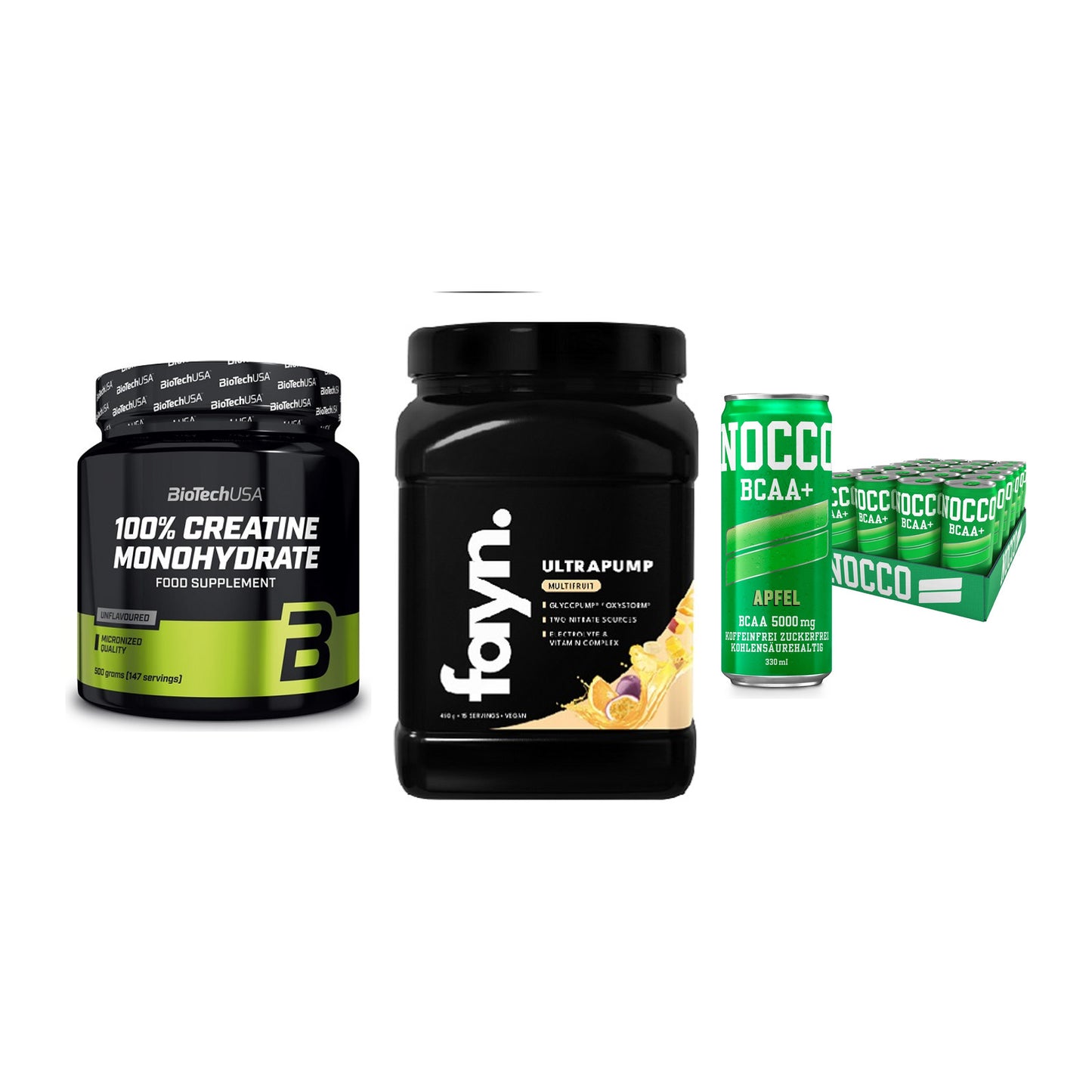 Kraft-Stack: BioTech Creatine + Fayn. Ultrapump + Nocco BCAA Drink – alle enthaltenen Artikel