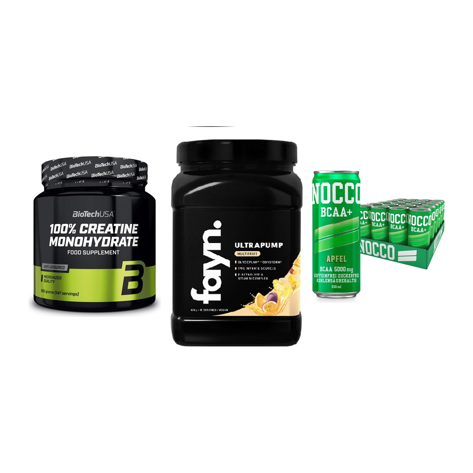 Kraft-Stack: BioTech Creatine + Fayn. Ultrapump + Nocco BCAA Drink – alle enthaltenen Artikel