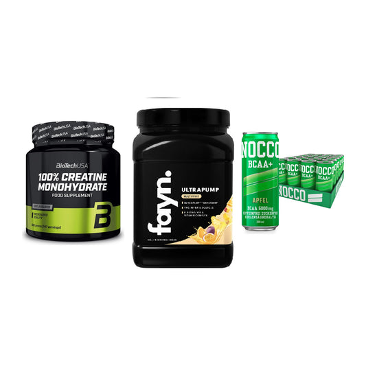 Kraft-Stack: BioTech Creatine + Fayn. Ultrapump + Nocco BCAA Drink – alle enthaltenen Artikel
