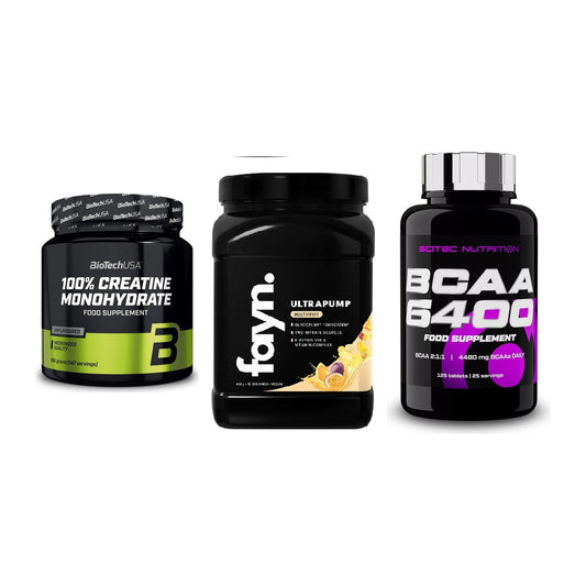 Kraft-Stack: BioTech Creatine + Fayn. Ultrapump + Scitec BCAA 6400 – alle enthaltenen Artikel