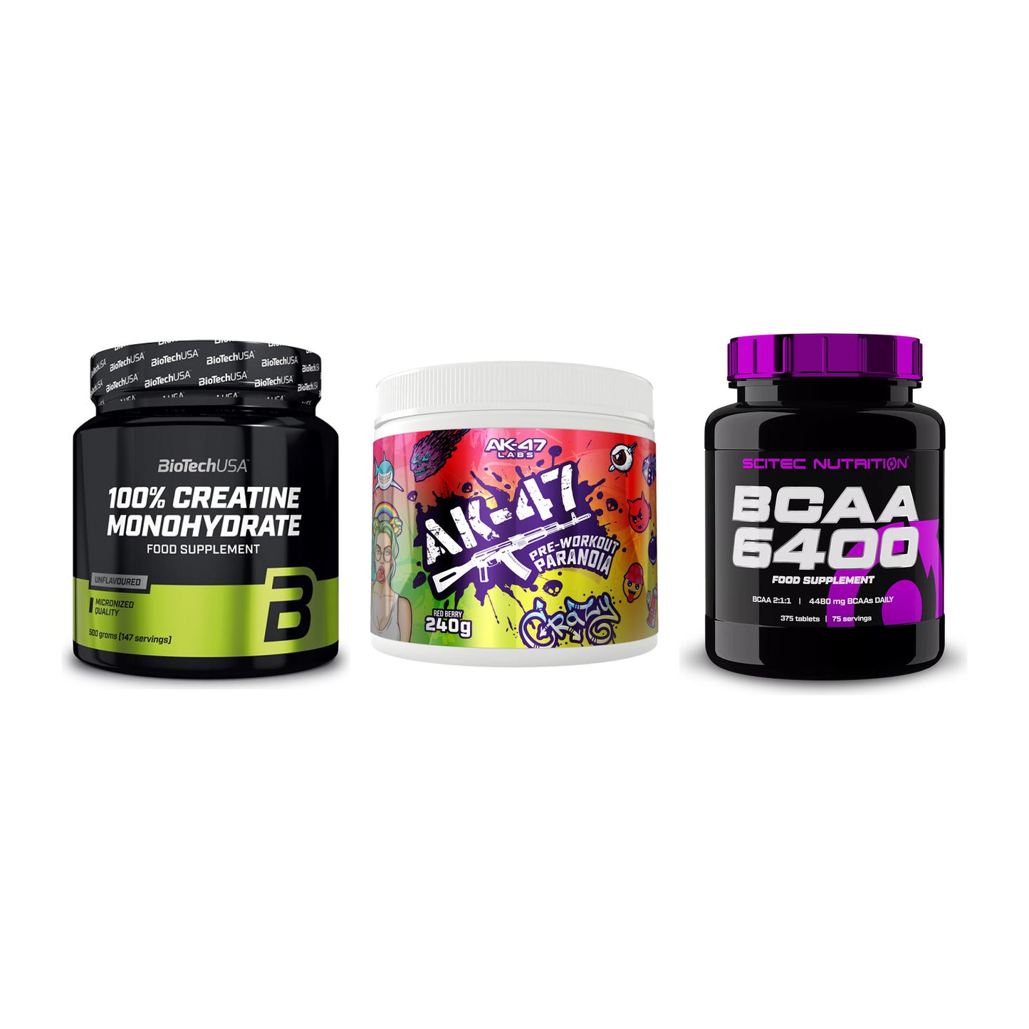 Kraft-Stack: BioTech Creatine + AK47 Labs + Scitec BCAA 6400 – alle enthaltenen Artikel