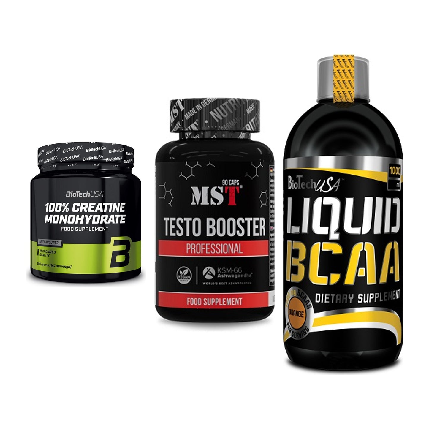 Kraft-Stack: BioTech Creatine + MST Testo Booster + BioTech Liquid – alle enthaltenen Artikel