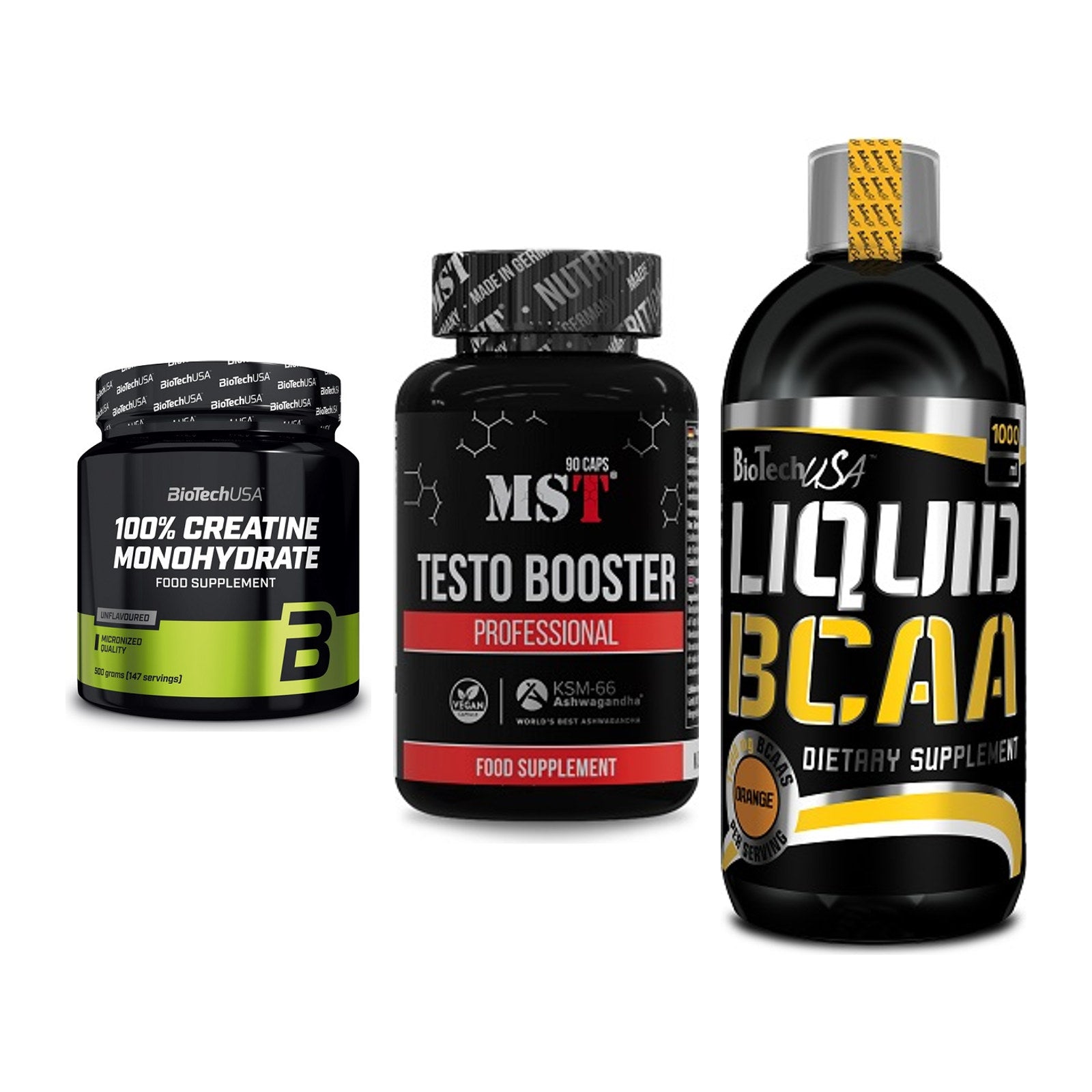Kraft-Stack: BioTech Creatine + MST Testo Booster + BioTech Liquid – alle enthaltenen Artikel