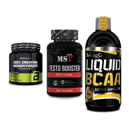 Kraft-Stack: BioTech Creatine + MST Testo Booster + BioTech Liquid – alle enthaltenen Artikel