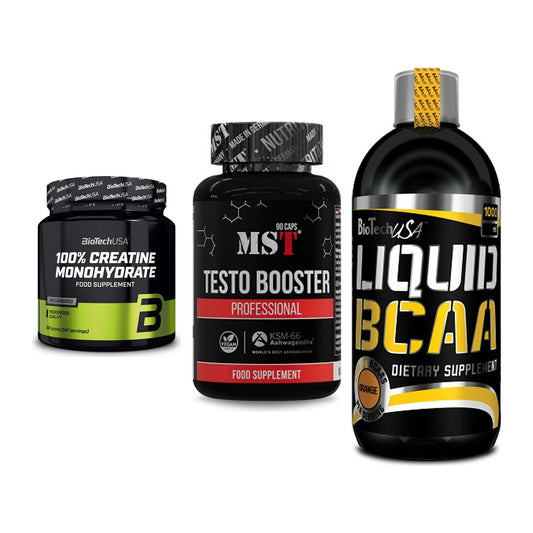 Kraft-Stack: BioTech Creatine + MST Testo Booster + BioTech Liquid – alle enthaltenen Artikel