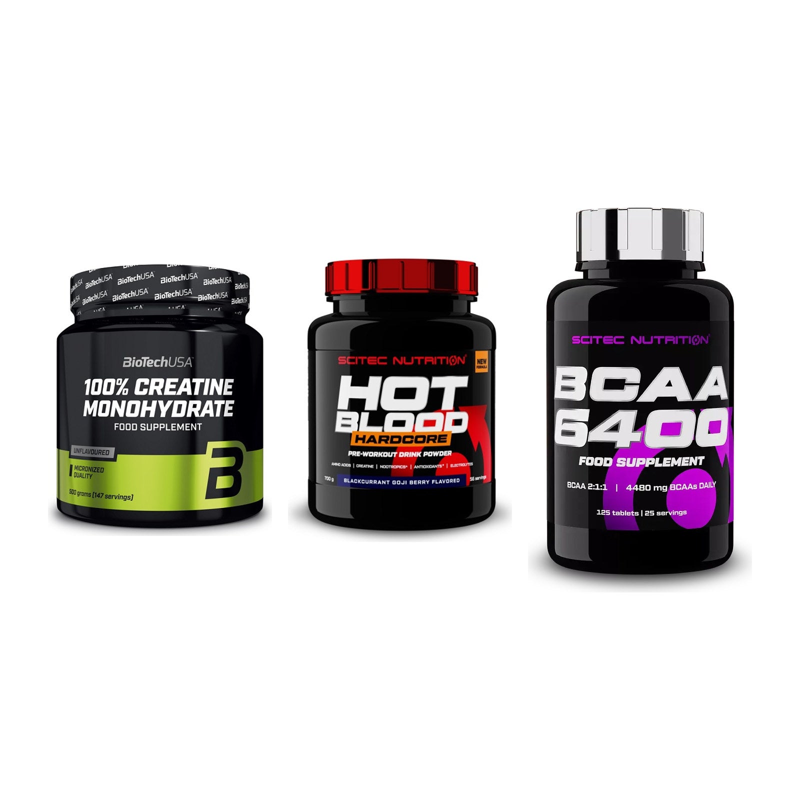 Kraft-Stack: BioTech Creatine + Scitec Hot Blood + Scitec BCAA 6400 – alle enthaltenen Artikel